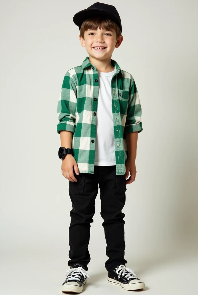 10 class boy with wearing green check shirt black pant and Canvas shoe and black cap on his head and the watch on his left hand 