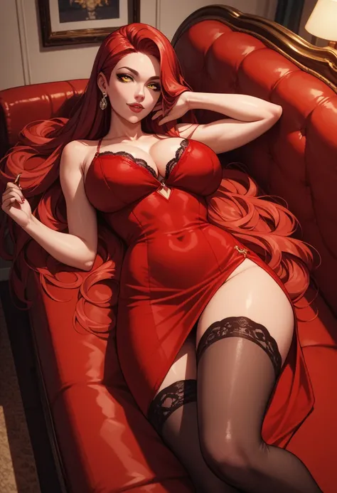 Score_9,Score_8_up,Score_7_up, Score_6_up,  source _anime, 1mature_FE, only 1 woman, lying on a red sofa,  flirty look,   red hair, very long hair , fine ironed hair ,  yellow eyes, red dress,  black lace stockings , very long stockings, A dog above the wo...