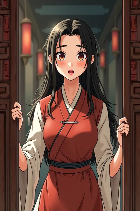 An extremely beautiful young woman, 18 years old; long dark hair; pointed eyebrows; big eyes; cherry red mouth; small breasts. She is wearing a simple uniform of an ancient Chinese cook. The drawing style is based on Chinese manhuas. She is surprised, step...