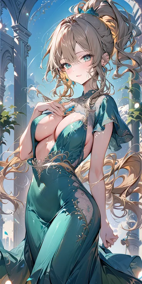 1girl, Rose gold blonde hair,  absurdly long wavy hair ponytail, emerald green eyes, small mouth, slender body, breast focus, large breast, press my chest together, lace long dress, ribbons swaying, white background, cowboy shot, contrapposto, gentle smile...