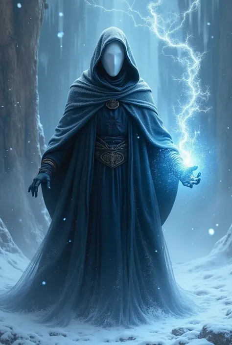 Young Wizard , dark robes ,  full face white ceramic mask, Using ice magic