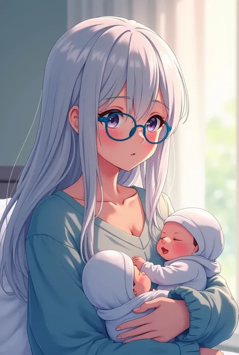 Anime girl 18th last giving birth, have baby twin, swetear blue, round glasses, and long_hair white.