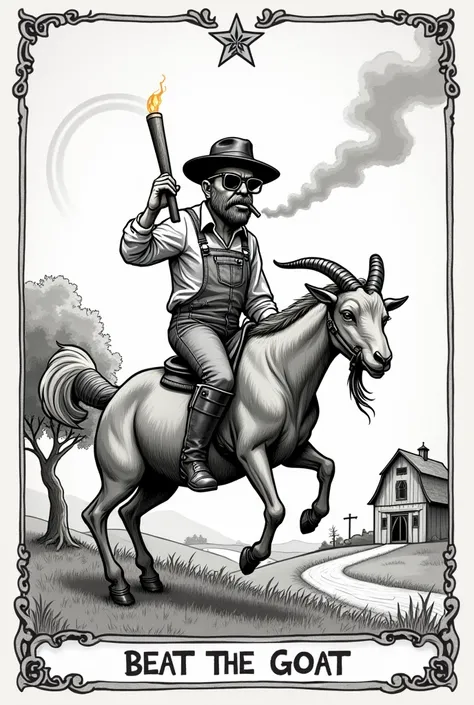 black on white, tarot card style, semi detailed sketched tarot image, bearded man riding a bucking goat, title it "Beat the Goat", background is a simple grassy hill, a road, barn and tree, the man is wearing tall boots, dark round sunglasses, overalls, a ...