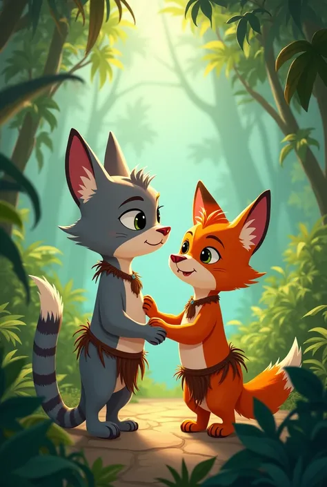 In 2D animation , a young gray cat boy with black stripes   , ANTHROPOMORPHIC  , that is, on two legs , in loincloth ,  the young gray cat boy with black stripes is touching the chest of a young orange fox boy , Anthropomorphic ,  that is, on two legs , ha...