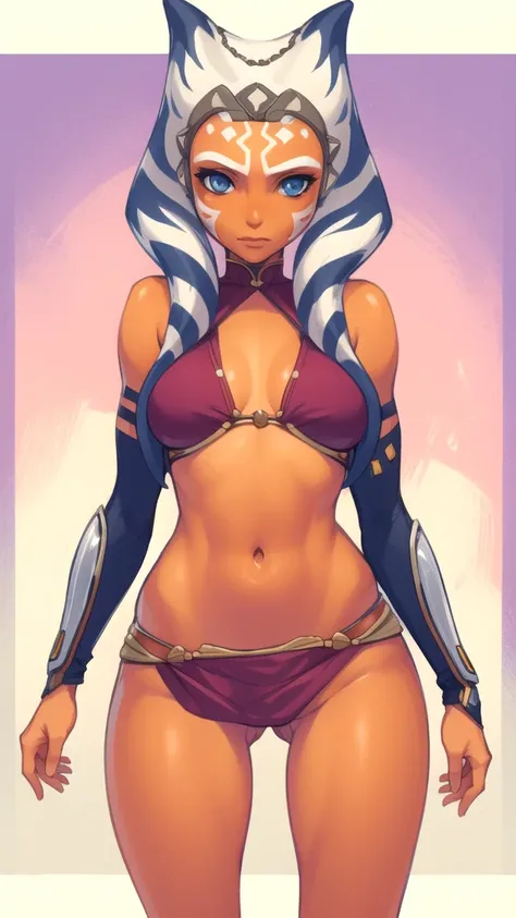 (masterpiece), (best quality),
solo, 1girl, detailed face,
ahsoka, orange skin, facial mark, navel, thighs 