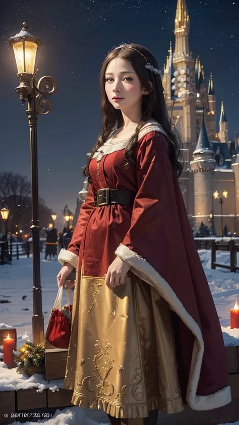 High quality 8k. The image quality is live action. The woman in the painting "Mona Lisas Smile" is wearing a costume based on the motif of Christmas Santa Claus and standing in front of Cinderella Castle. The background is a snowy landscape. The time is ni...