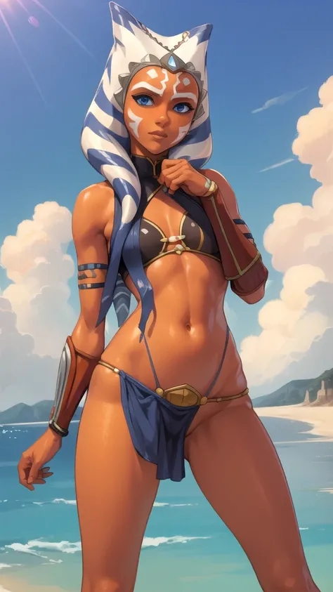 (masterpiece), (best quality),
solo, 1girl, detailed face,
ahsoka, orange skin, facial mark, navel, thighs 