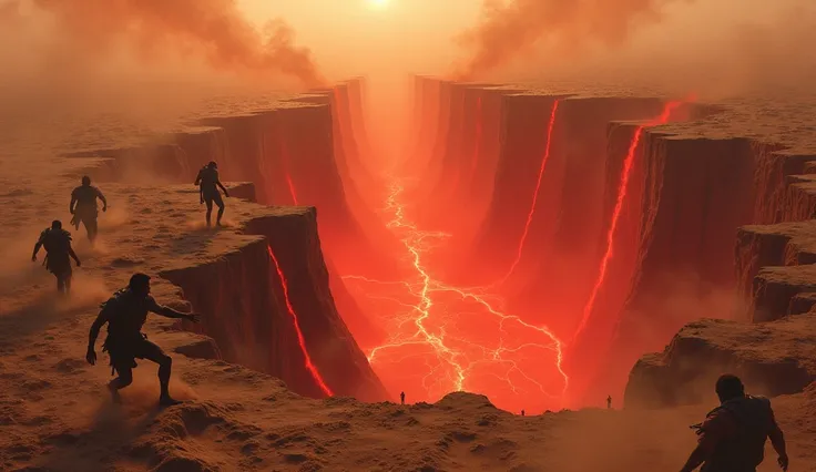 The earth violently splitting open in a dry desert, with deep cracks glowing faintly red as several people struggle to escape its pull, their bodies twisted in fear. Dust and sand fill the air, making the scene chaotic and suffocating.