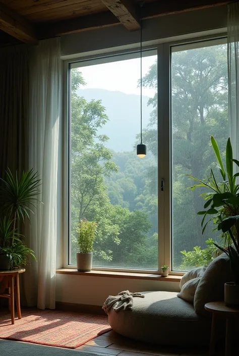 the atmosphere in the room is comfortable ,  and a large window outside has a view of nature after the rain, outside a little darker