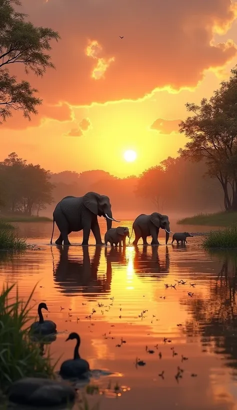  A family of elephants crossing a river in a savanna at sunset. The water reflects the golden hues of the sky , while waterfowl rest on the green fringes of the forest