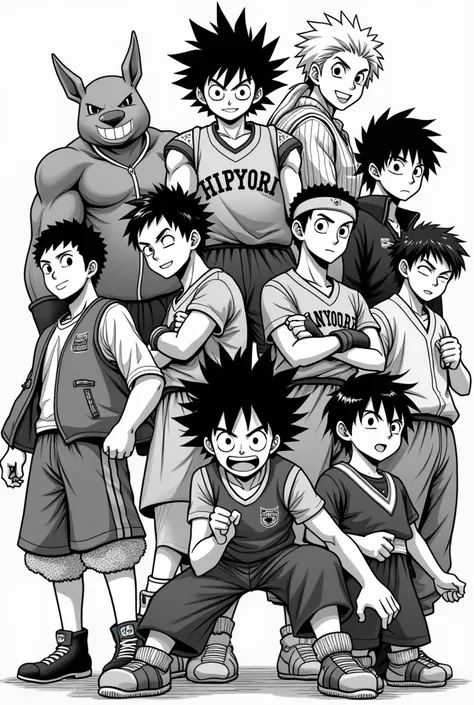  make an image with the anime characters from Hajime No Ippo, Captain Tsubasa , blue lock, haikyu, dragon ball,  One Piece and My Hero Academy in black and white manga style 