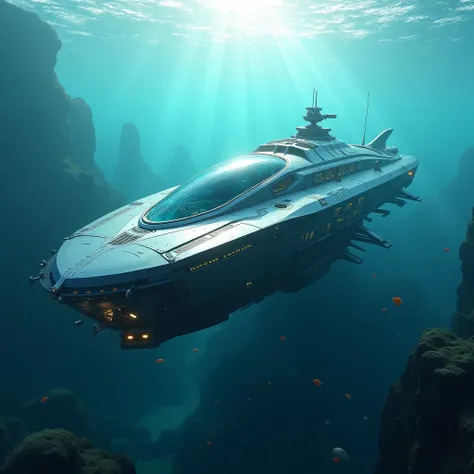 futuristic cyberpunk giant underwater craft with front glass window