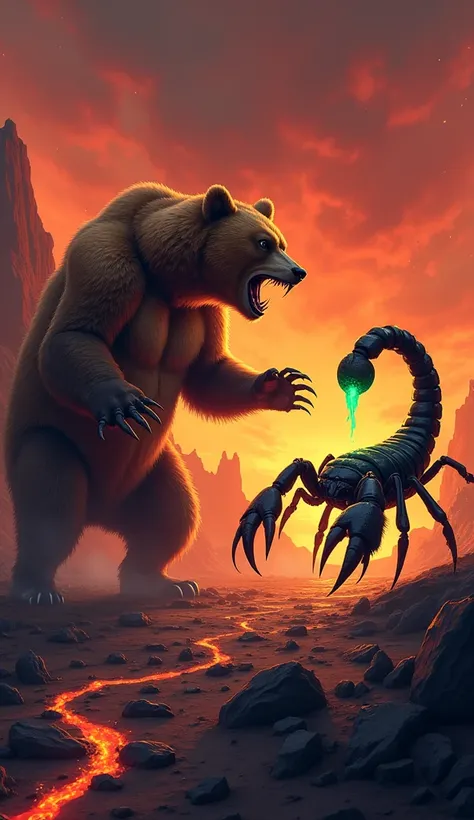 "Illustrate a tense standoff between a brown bear and a scorpion, both radiating aggression and ready to attack. The brown bear stands on its hind legs, its massive frame towering over the scorpion, muscles taut under its thick fur. Its sharp claws are ext...