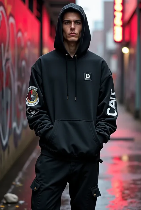 A confident male model showcasing an urban streetwear outfit in a gritty, industrial city environment. The outfit features a matte black oversized hoodie with bold, street-inspired graphic prints across the back and sleeves, with a large CAP logo subtly in...