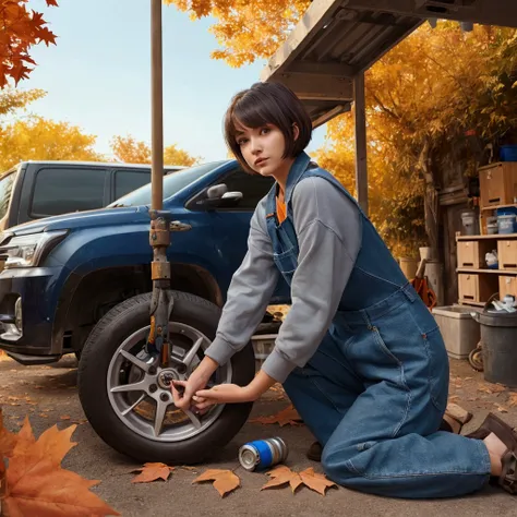 A 20-year-old woman changing the tire of a compact car, wearing a navy-blue coverall, her short bob haircut gently swaying as she works, set in an autumn-themed suburban garage with vibrant red and orange leaves visible in the background, a calm and focuse...