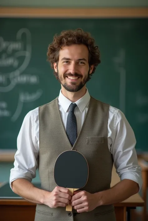 photograph、 math teacher、male、Twist perm、Table tennis、Waistcoat、Have a teaching staff、Table tennisのラケットを持っている