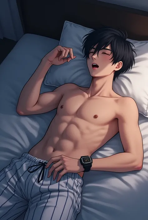  Japanese Anime Picture,  full body image, In the bedroom, 1 man,The handsome, 17-year-old Asian young man, with short hair wearing glasses, wore a white pajama pajama with a dark blue stripe, both of which were unbuttoned and unbuttoned until he saw two b...