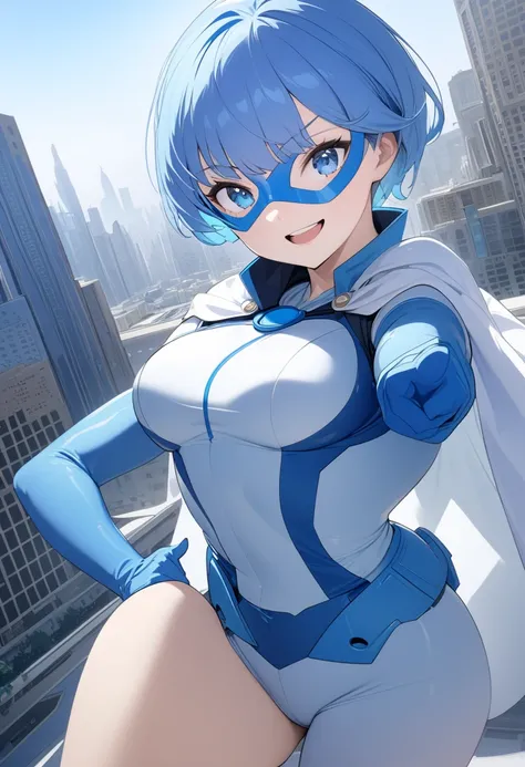 (masterpiece), best quality, expressive eyes, perfect face, a super hero woman, pixie cut, short hair, sky blue hair, blue eyes, round eyes, a white cape, (blue domino mask), light blue super hero suit, bare legs, smiling, open mouth, hands on hips, lookin...