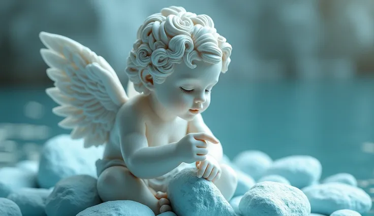 ultra realistic image of Greek Cupid-like , Pointed and placed your index finger on top of rocks all in light blue.