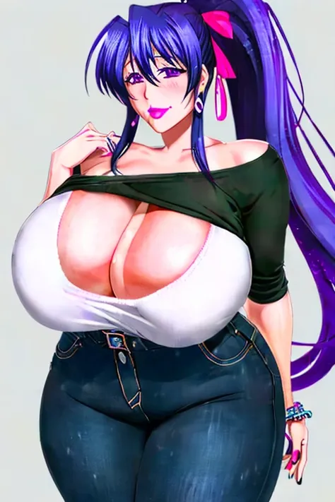 Akeno Himejima, 1 girl, (((bimbo))), long blue-gray hair, purple eyes, earrings, (((bimbo))), swollen lips, painted lips, horrible lips, smiling face, wide hips, horrible thighs, Huge natural breasts, black jeans, Good