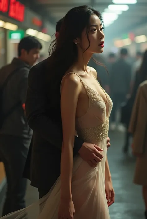 A tall asian woman in ted transparent gown getting her butt squeezed by someone at the bus station Long Hair, behind her 