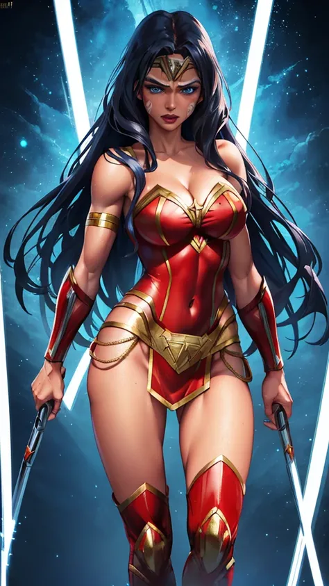  anime-style Wonder Woman with long dark hair ,  penetrating blue eyes ,  full lips , facial details,  wearing a red and gold bustier revealing her cleavage,  with muscular physique and powerful posture ,  Cinematic lighting ,  science-fiction fantasy,  vo...