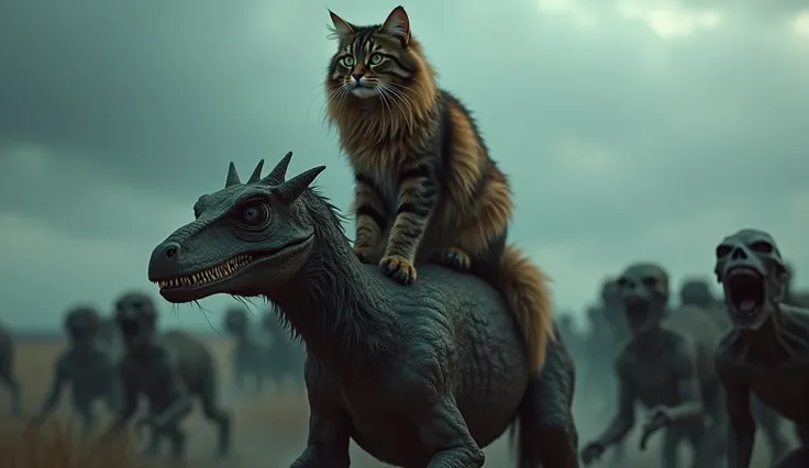 a long-haired dark brown tabby Maine Coon cat riding on a raptor-like creature, leading a horde of rotten flesh zombies, detailed fur texture, realistic feline eyes, sharp claws, intense action pose, apocalyptic dystopian landscape, gloomy dark cloudy sky,...