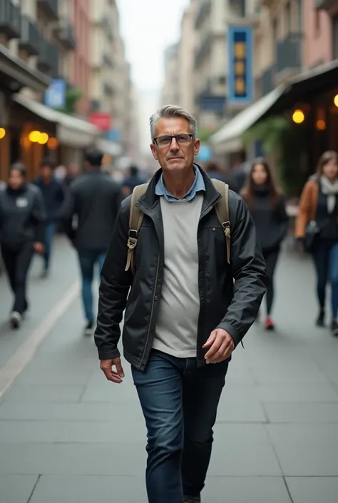 A adult walking down the street holding a backpack on his back