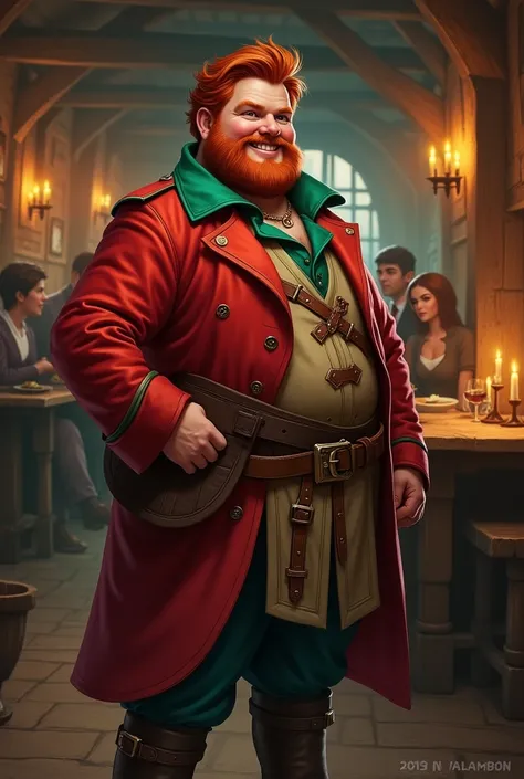 Create magic the gathering style a young fat man wearing a medieval red jacket with green details with an apron on his shoulder with short red hair with a red beard in a tavern 