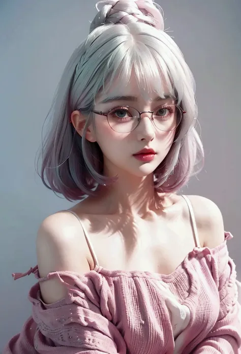 The image is a digital illustration featuring a young woman with a stylized appearance. She has pale white skin and large, expressive eyes, accented by round glasses. Her hair is shades of gray to pink, styled in a thick, wavy bob. She wore a light-colored...