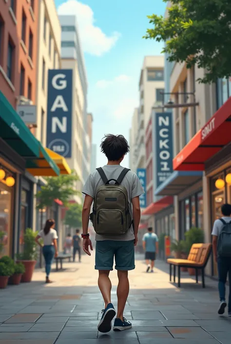 A young adult walking down the street holding a backpack on his back