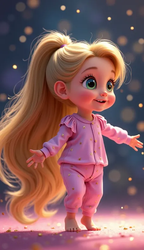 Disney Pixar style character Rapunzel baby with ponytail hair that has pink pajamas with little yellow stars and a full star background to give her movement dancing