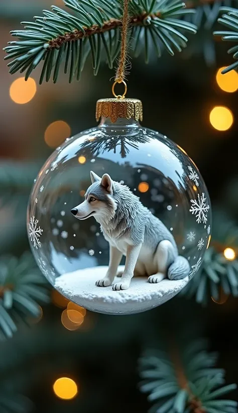 A MINI WOLF IN A GLASS BALL HANGING FROM A CHRISTMAS TREE