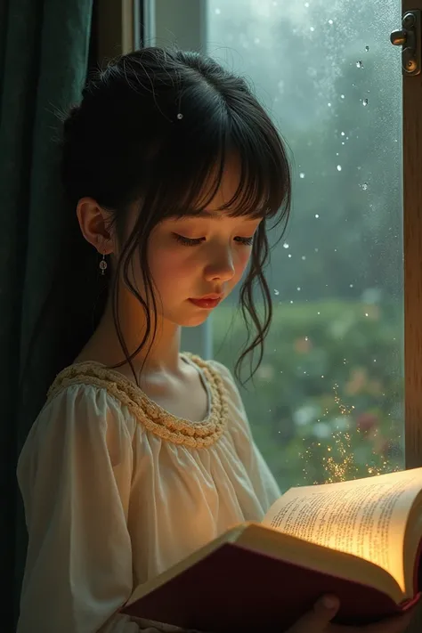 There is a girl.she reads a book setting beside an window ant it is a rainy day