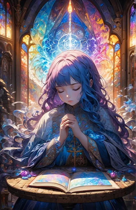 Style: Digital art and Neo-Impressionism with a magical and symbolic atmosphere. woman praying, Candles lit, mystical light ,  table with religious objects ,  stained glass in the background , colored smoke, spiritual atmosphere, open book.  Technical deta...