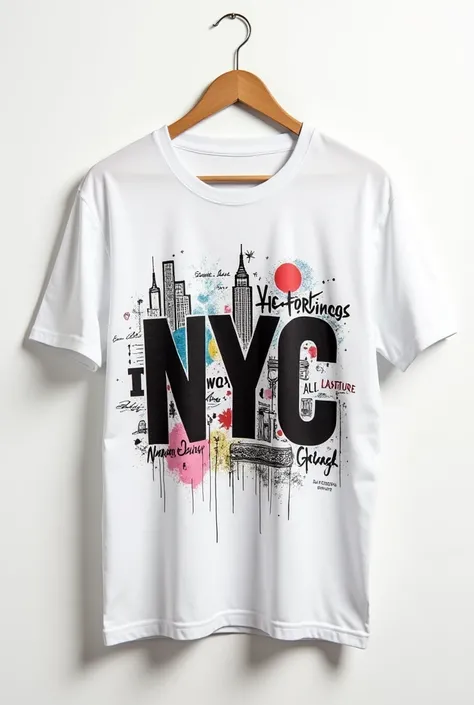 on a white wall background , a white shirt with the letters NYC written in large print and decorated with graffiti and drawings of New York, Cool lyrics like gangster type .
Send me the very cool shirt that looks good since it is for my clothing catalog.