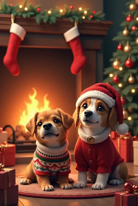 "A festive living room featuring two anthropomorphic dogs sitting by a crackling fire. One dog wears a holiday sweater, and the other is in a Santa costume. The room is decorated with stockings, garlands, and a Christmas tree, with wrapped presents scatter...