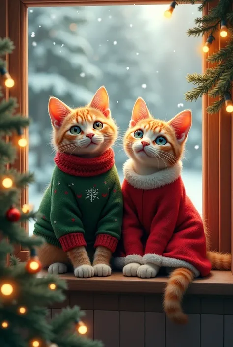 "A cozy Christmas scene with two anthropomorphic cats sitting on a windowsill. One wears a green holiday sweater, and the other wears a red Santa dress. Outside the window, snow is falling, while the room is illuminated by a decorated tree and twinkling li...