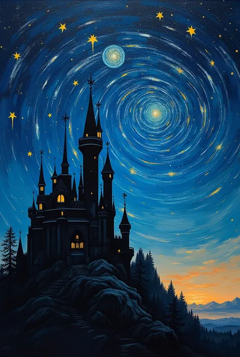 This is an art by the best artist This is a starry night, blue sky with a black castle, the night has a lot of yellow stars like spirals and there are rockets celebrating.