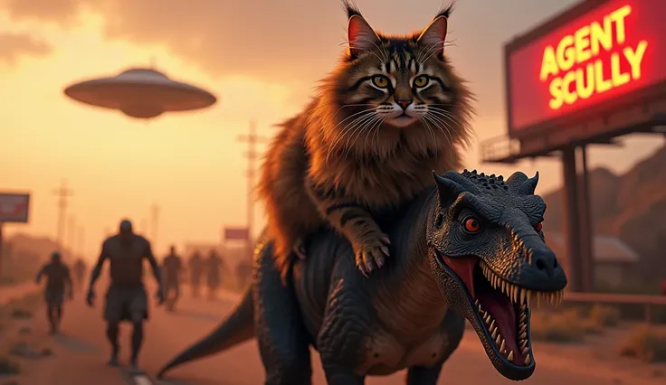 a long-haired dark brown tabby Maine Coon cat riding on a raptor-like creature, leading a horde of rotten flesh zombies, detailed fur texture, realistic feline eyes, detailed zombies angry faces, intense action pose, apocalyptic dystopian landscape, ufo in...