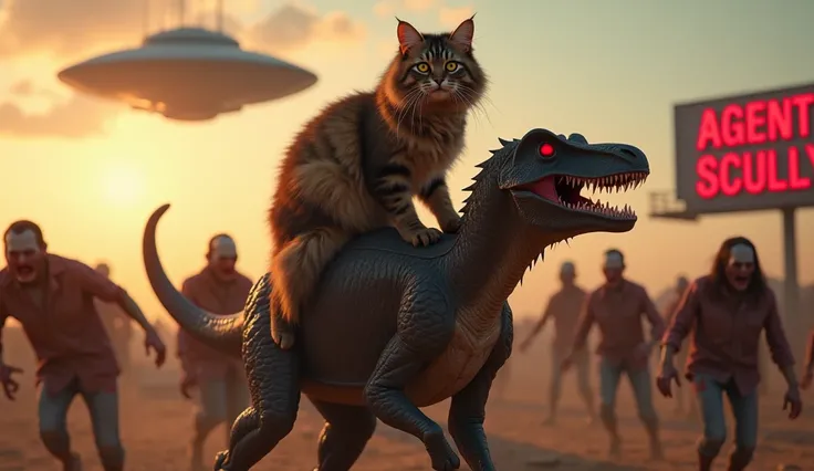 a long-haired dark brown tabby Maine Coon cat riding on a raptor-like creature, leading a horde of rotten flesh zombies, detailed fur texture, realistic feline eyes, detailed zombies angry faces, intense action pose, apocalyptic dystopian landscape, ufo in...