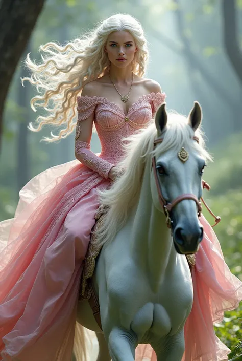 A long-haired albina with black twists in her hair with blue eyes dressed as a pink princess riding a white horse 