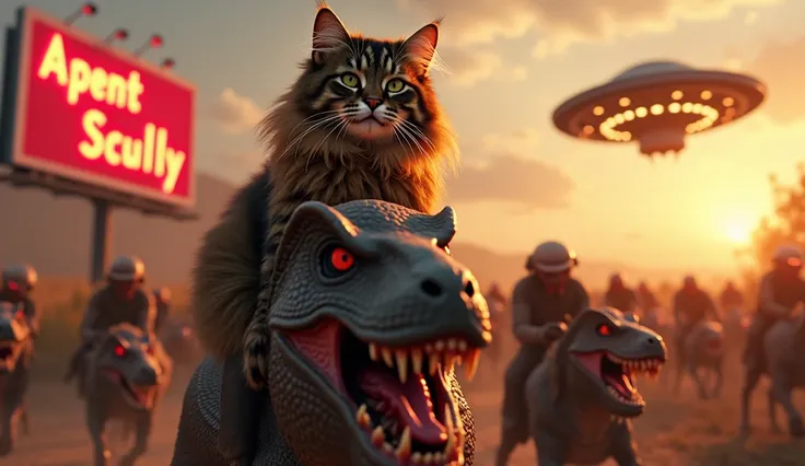 a long-haired dark brown tabby Maine Coon cat riding on a raptor-like creature, leading a horde of rotten flesh zombies, detailed fur texture, realistic feline eyes, detailed zombies angry faces, intense action pose, apocalyptic dystopian landscape, ufo in...