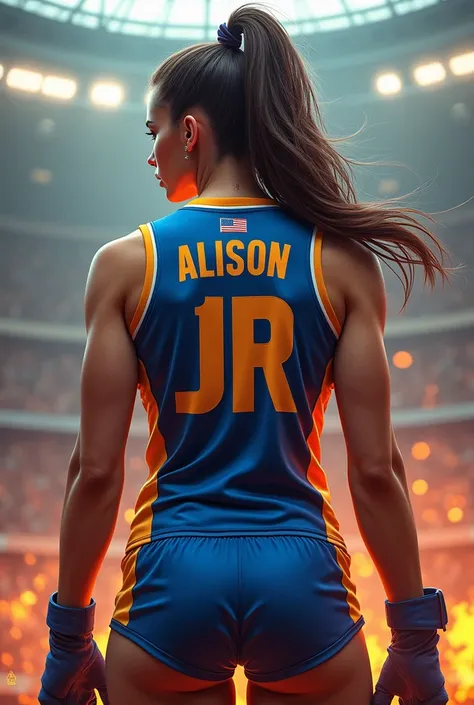 A team jersey with the name Alison Jr on the back with a woman in a sho