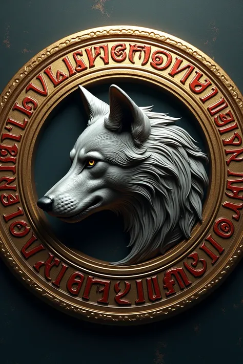 A round medallion, the outer circle of the medallion will be written in red with Turkish runic letters (Turkish). There will be a circle inside the medallion and a sideways wolf head inside this circle. The inner circle color is metallic gray, and the wolf...