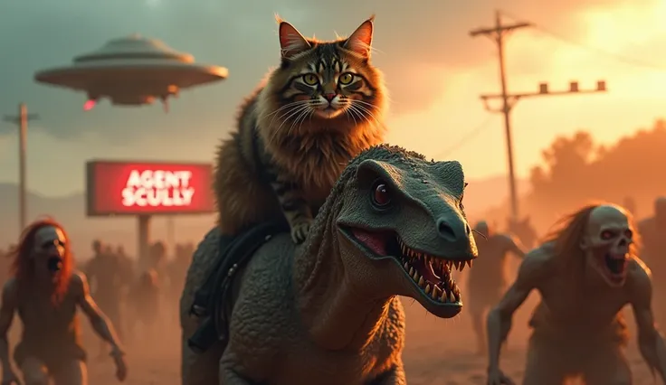 a long-haired dark brown tabby Maine Coon cat riding on a raptor-like creature, leading a horde of rotten flesh zombies, detailed fur texture, realistic feline eyes, detailed zombies angry faces, intense action pose, apocalyptic dystopian landscape, ufo in...