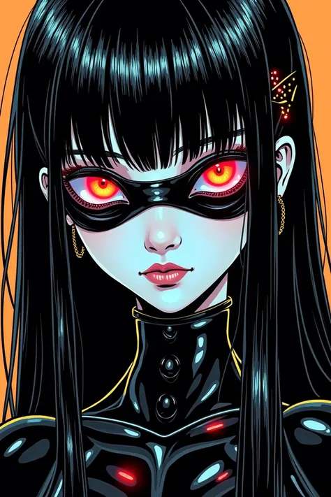 (( Best Quality)), ((masterpiece)), ( Details), perfect face of cyber[ Mexican Punk  mecha japanese girl,  Shiny Black Eyes ,  Shiny Black Body ,  Shiny Black Hair , (( Monochrome Black Palette )), Surreal,  New Art Style ,  drawn in mebius style , spacesh...