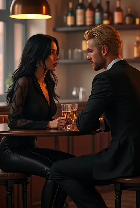  Black-haired woman , linda, wearing a black Lara Croft style blouse and pants ,  shes at an upscale bar drinking with a tall blond Aquaman-like man in a suit.
 Theyre friends 
They are talking sitting down


Realistic image in 8k, real, real image 