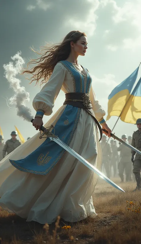 Ukraine,  lady commander with beautiful face and traditional dtess, sexy having sword of white smoke slayed every white flage team enemy