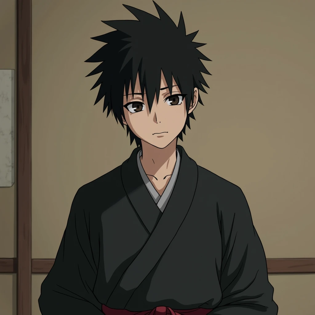 A 19-year-old Obito Uchiha poses for a portrait,  dressed in clothes elegant that reflect the fashion of a historic era.  His costume consists of a ,  dark kimono-like robe with subtle patterns and a belt ,  giving him a noble ,  refined appearance . His s...